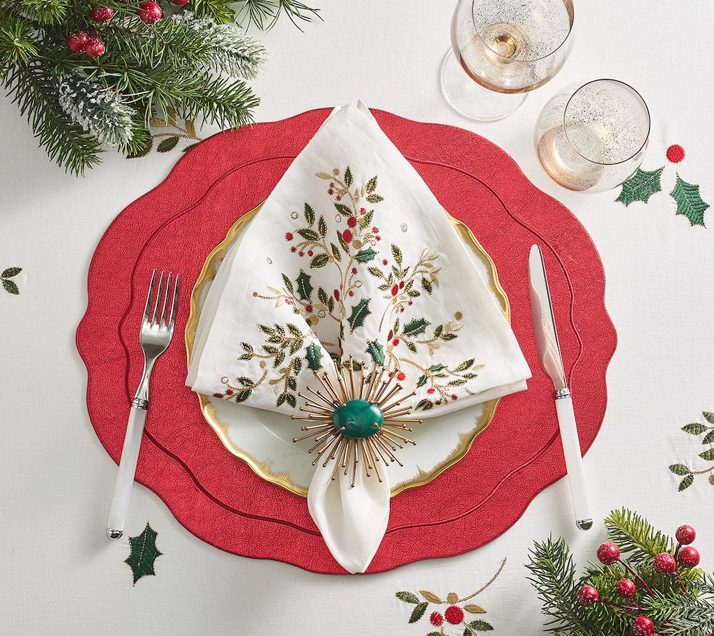 Holly Napkin in White, Red & Green