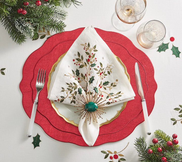 Holly Napkin in White, Red & Green