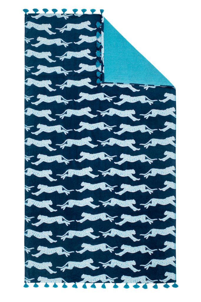 Matouk Schumacher Leaping Leopard Beach Towel Navy
