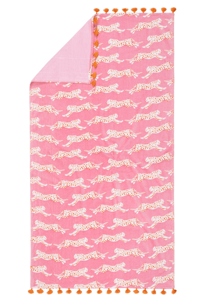 Matouk Schumacher Leaping Leopard Beach Towel Pink Sugar
