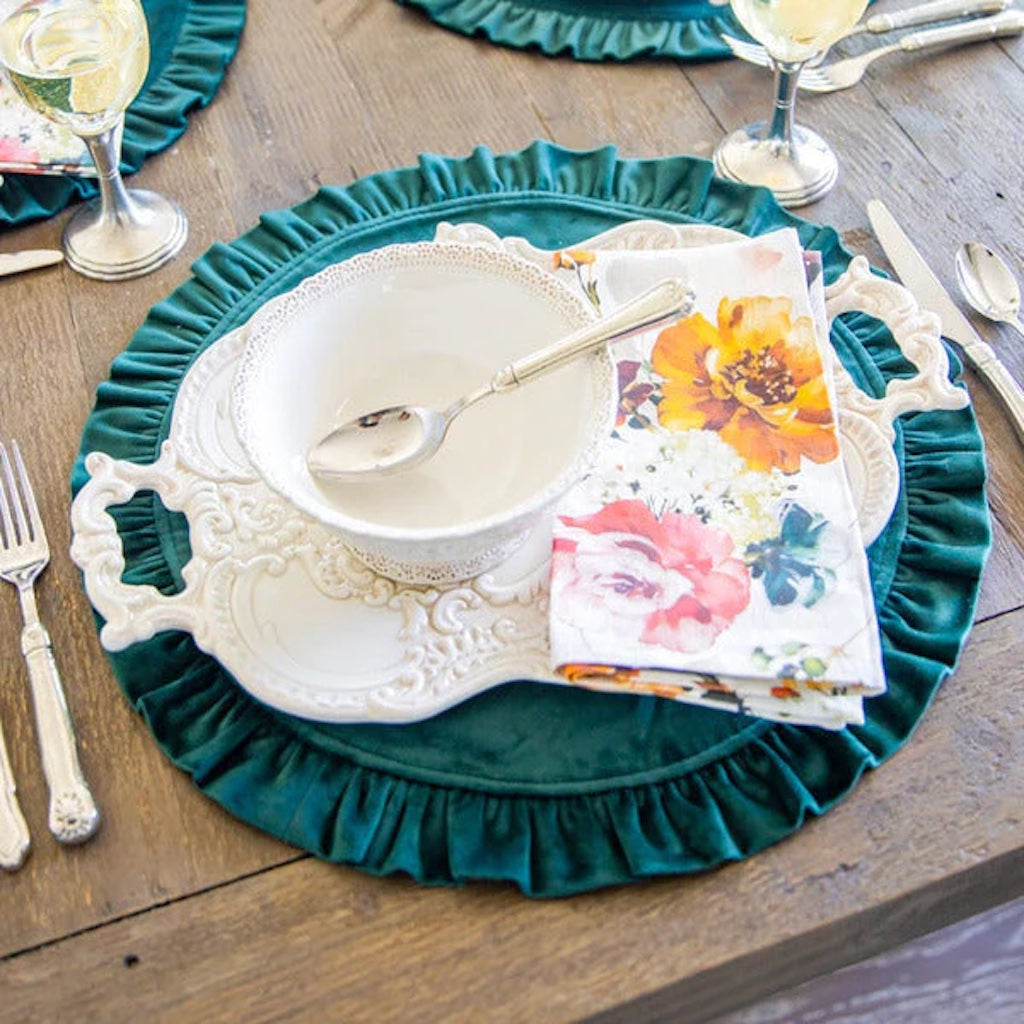 Forest Green Velvet Round Placemat with Ruffle