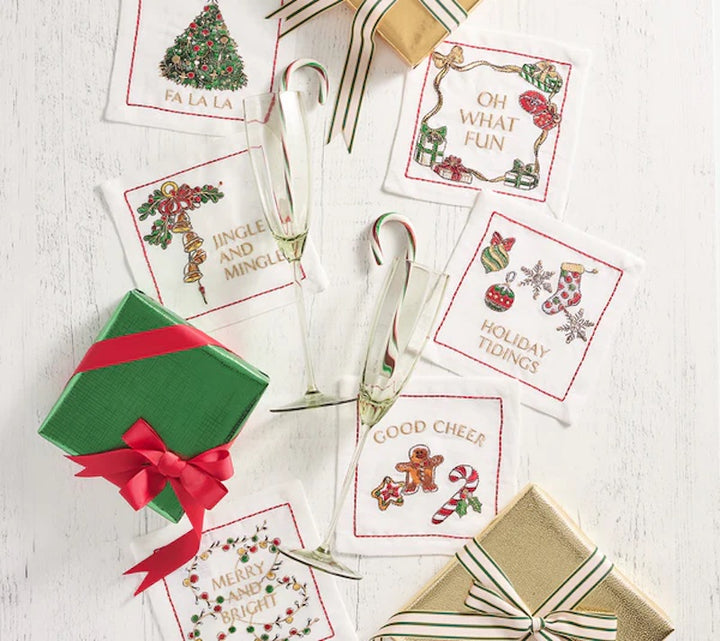 Merry and Bright Cocktail Napkins in White, Red & Green