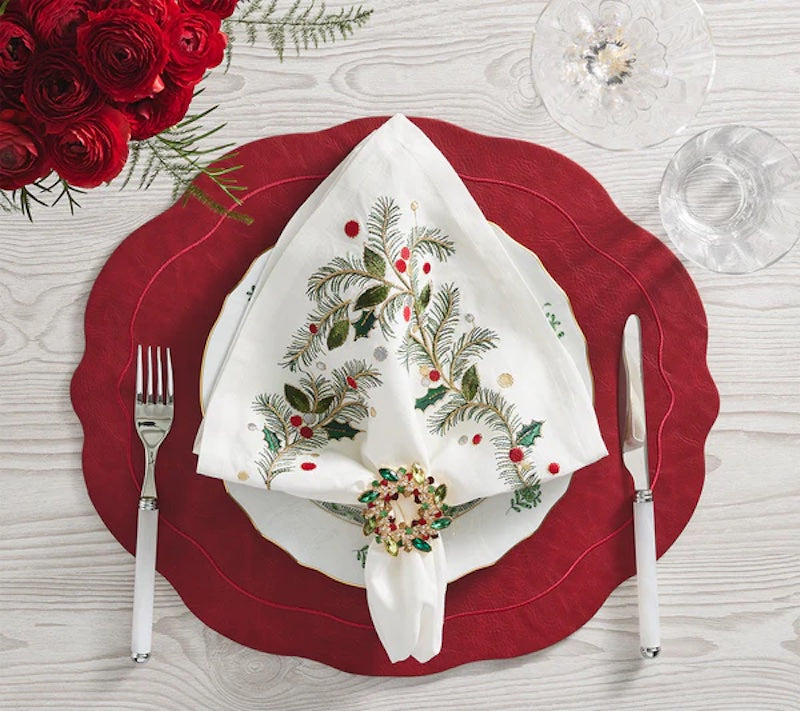 Xmas Carol Napkin in White, Red & Green