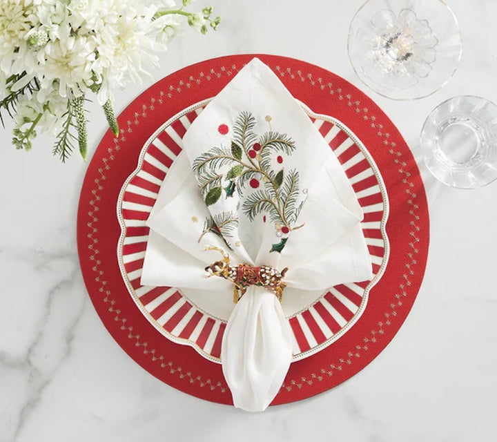 Xmas Carol Napkin in White, Red & Green