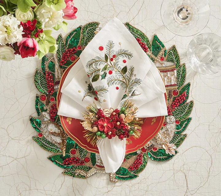 Xmas Carol Napkin in White, Red & Green