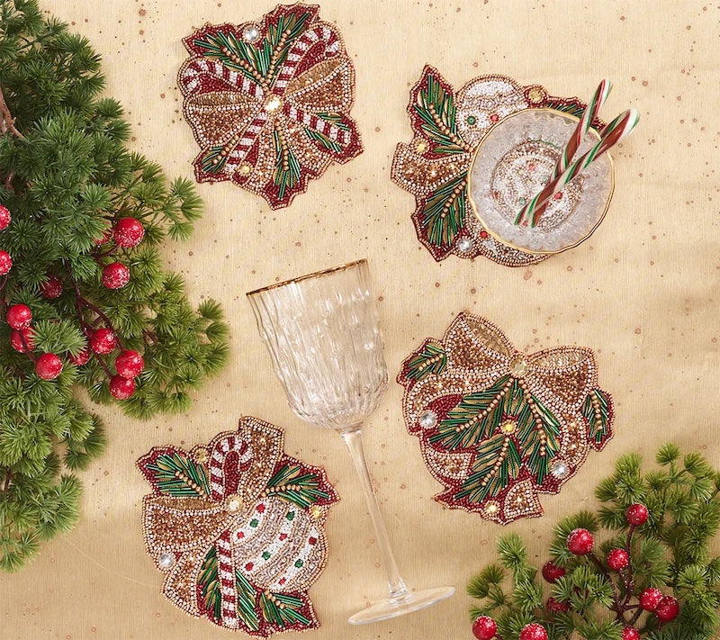 Candy Cane Bow Drink Coasters in Red, Green & Gold