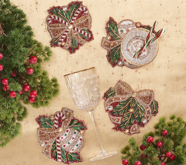 Candy Cane Bow Drink Coasters in Red, Green & Gold