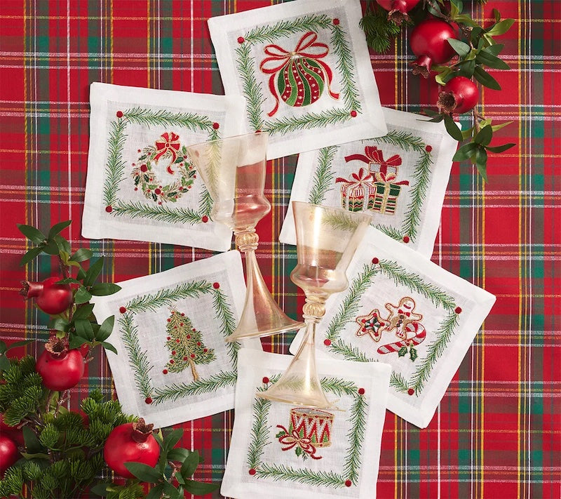 Xmas Trellis Cocktail Napkins in White & Multi