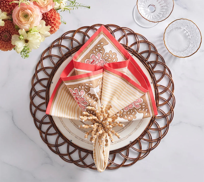 Filigree Napkin in White, Coral & Brown