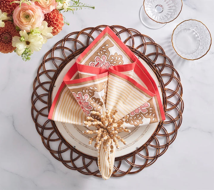 Filigree Napkin in White, Coral & Brown