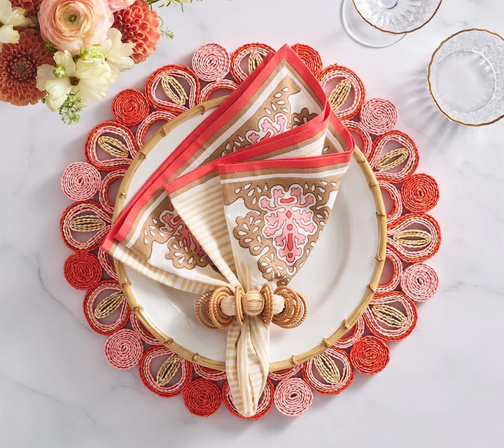 Filigree Napkin in White, Coral & Brown