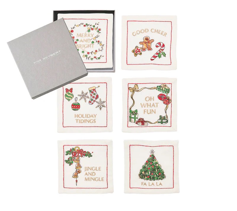 Merry and Bright Cocktail Napkins in White, Red & Green