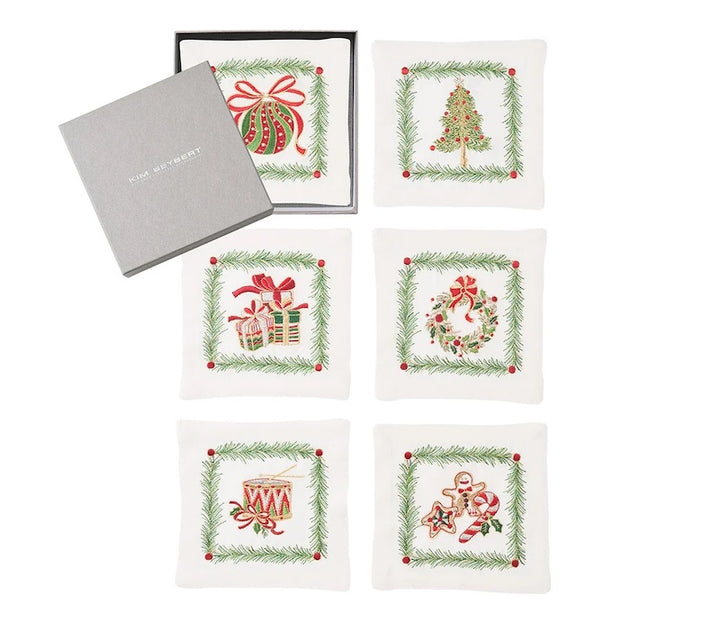 Xmas Trellis Cocktail Napkins in White & Multi