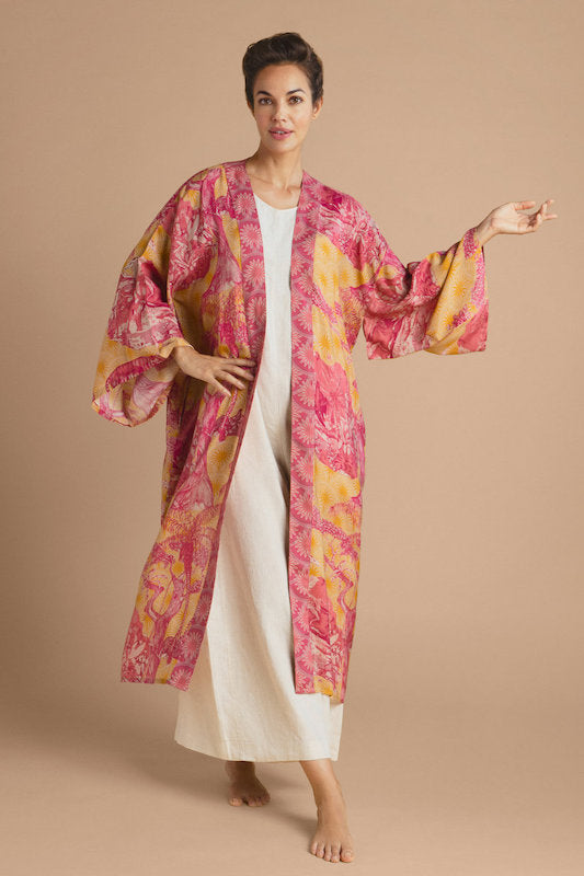 Tropical Toile Kimono Gown - Pineapple/Raspberry