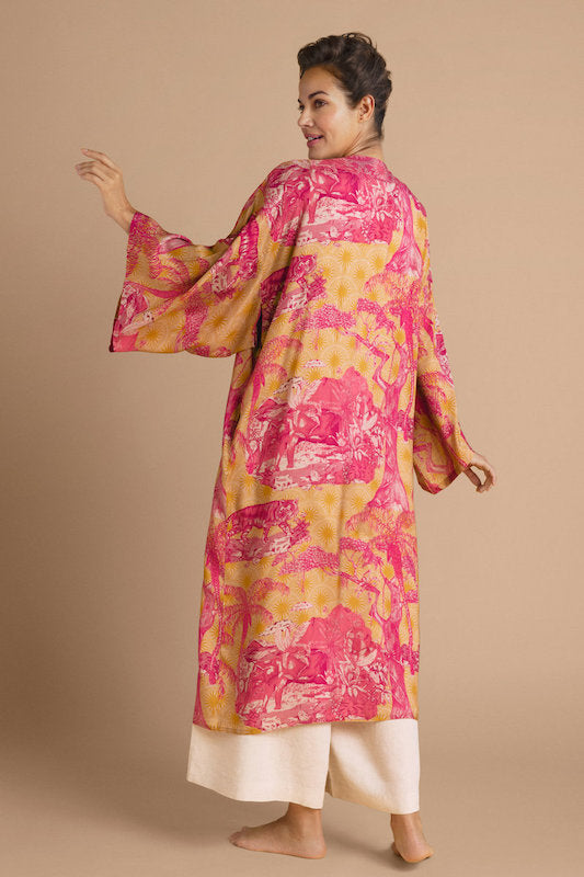 Tropical Toile Kimono Gown - Pineapple/Raspberry