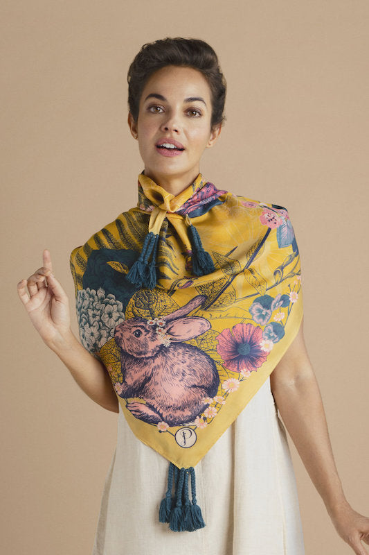 Tasseled Silk Summer Woodland in Mustard Scarf