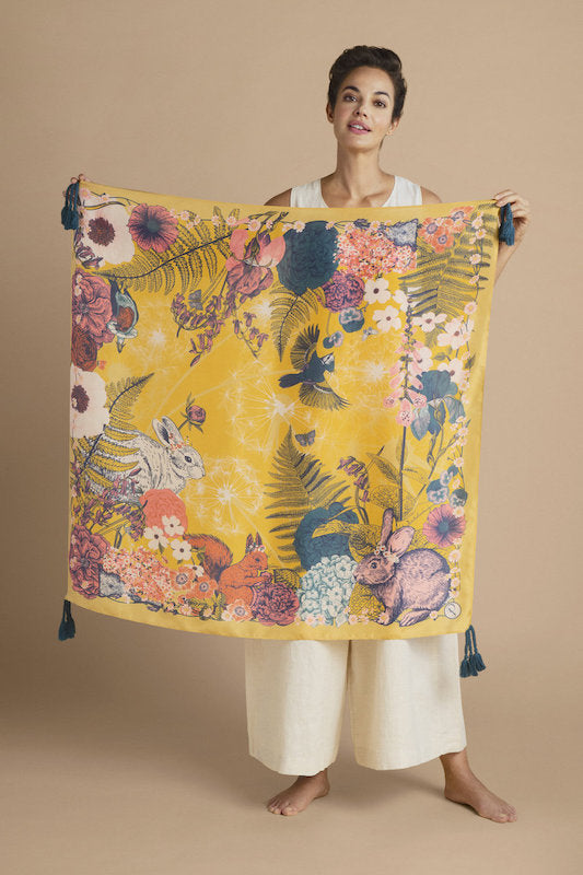 Tasseled Silk Summer Woodland in Mustard Scarf