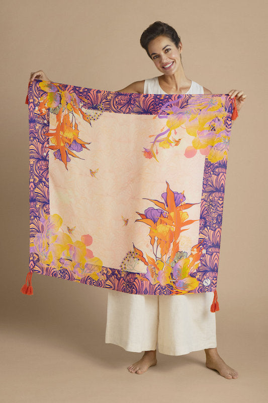 Tasseled Silk Tropical Hummingbird Scarf