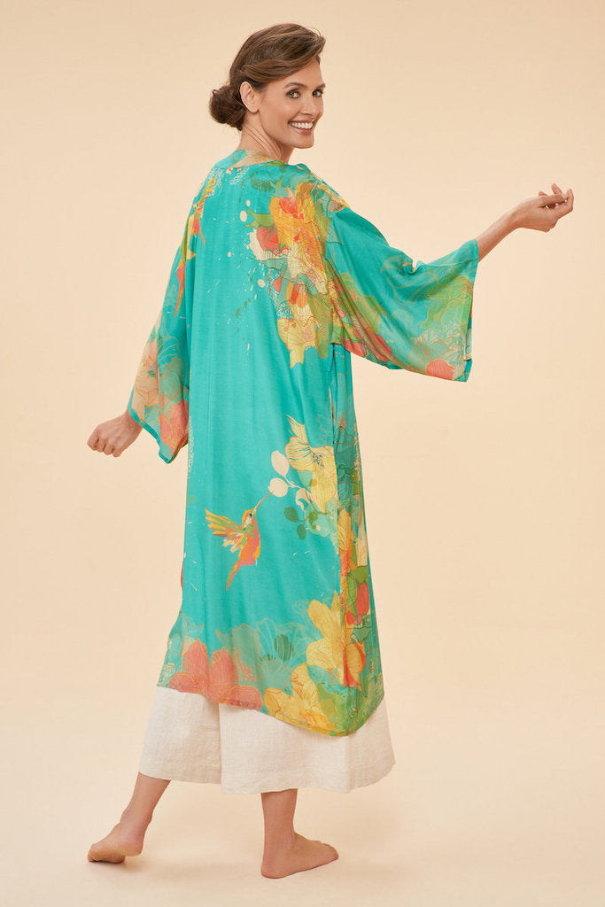 Hummingbird Kimono Gown in Aqua