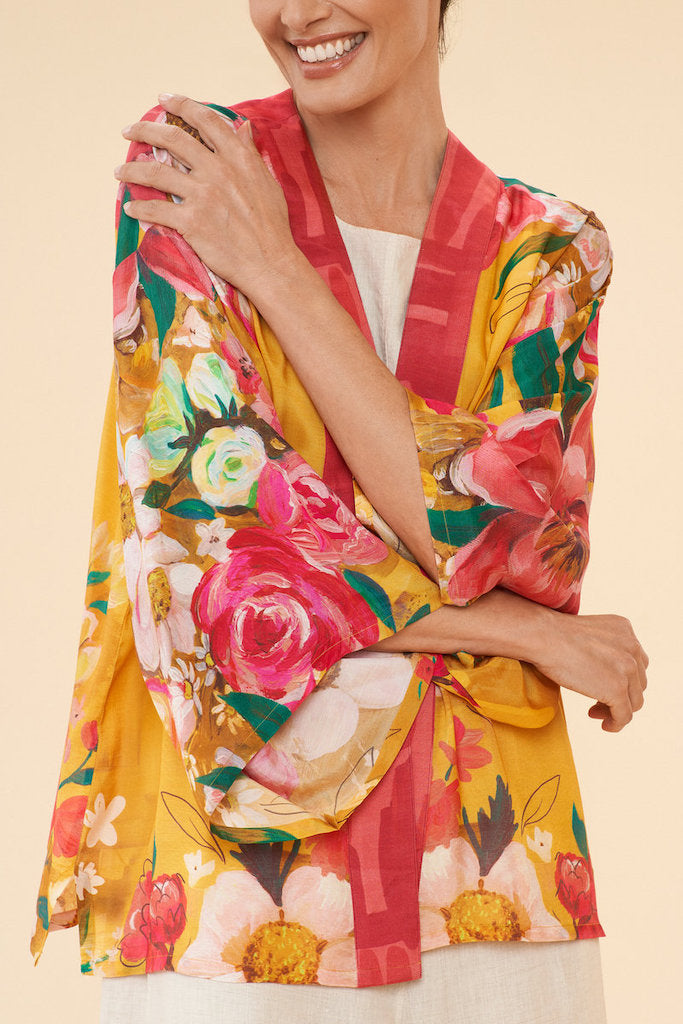 Impressionist Floral Kimono Jacket in Mustard The Linen Gallery