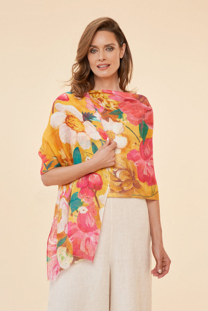 Impressionist Floral Linen Scarf in Mustard