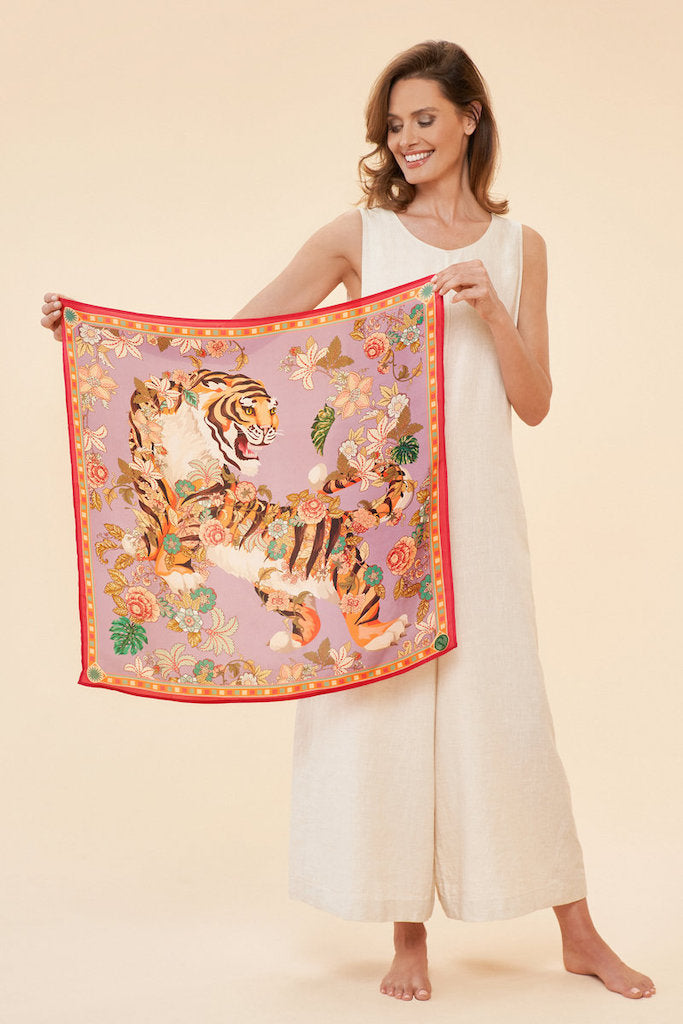 Silk Prancing Tiger Scarf in Lilac