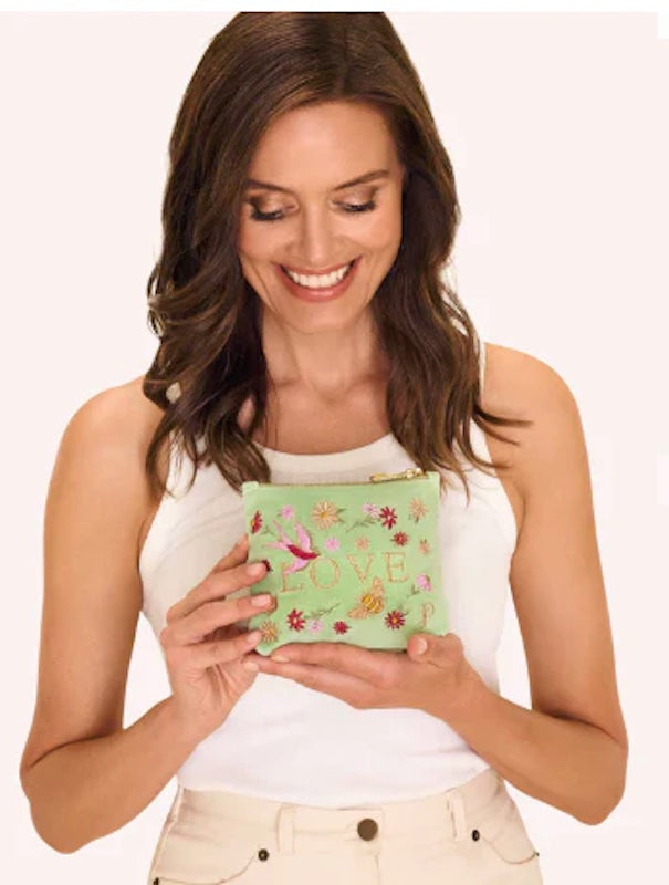 Love in a Meadow Embroidered Velvet Mini Pouch