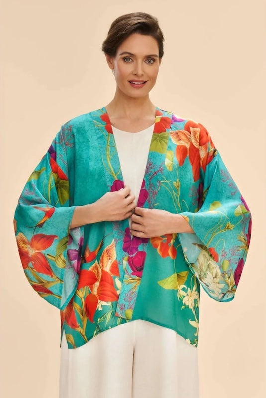 Hummingbird at Dusk Kimono Jacket in Aqua