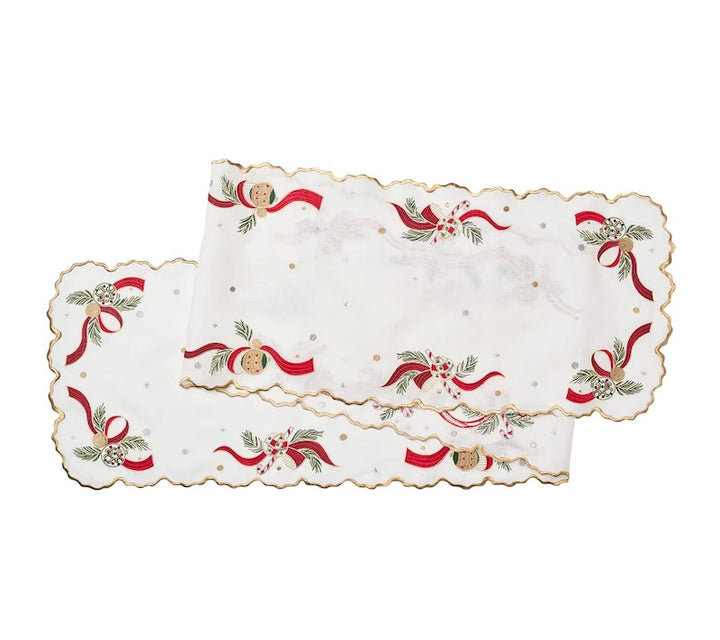 Tinsel Bow Runner in White, Red & Gold