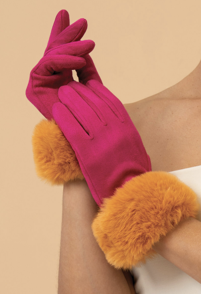 Bettina Faux Fur Cuff Gloves Magenta/Mustard