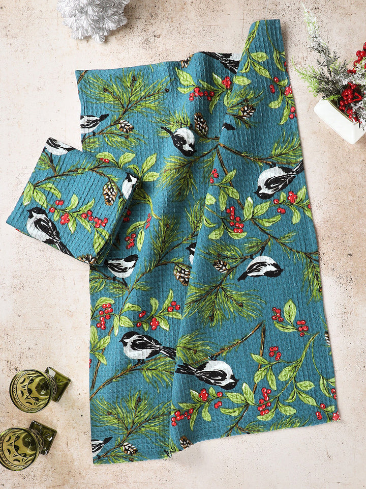 Chickadee in Winter Blue Tea Towel