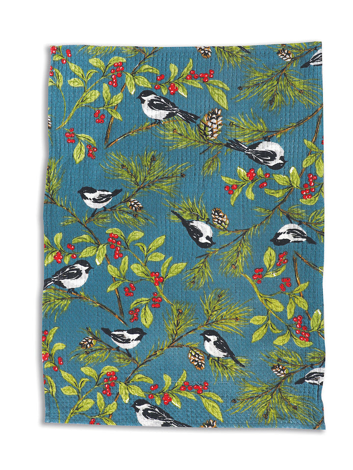Chickadee in Winter Blue Tea Towel