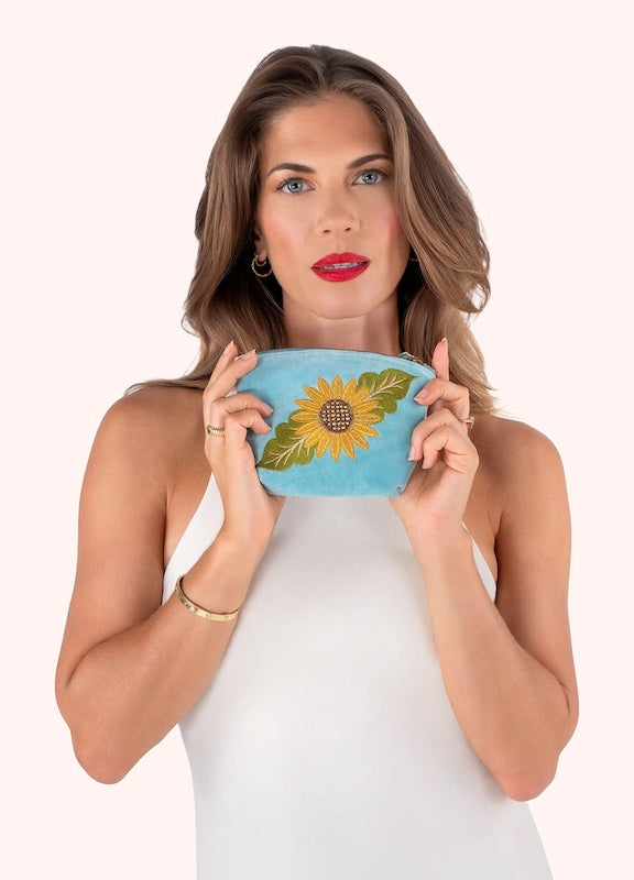 Summer Sunflower Embroidered Velvet Mini Pouch