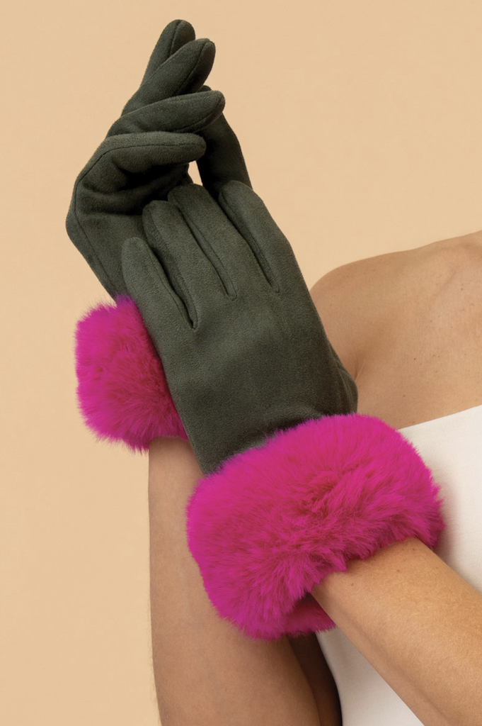 Bettina Faux Fur Cuff Gloves Olive/Magenta