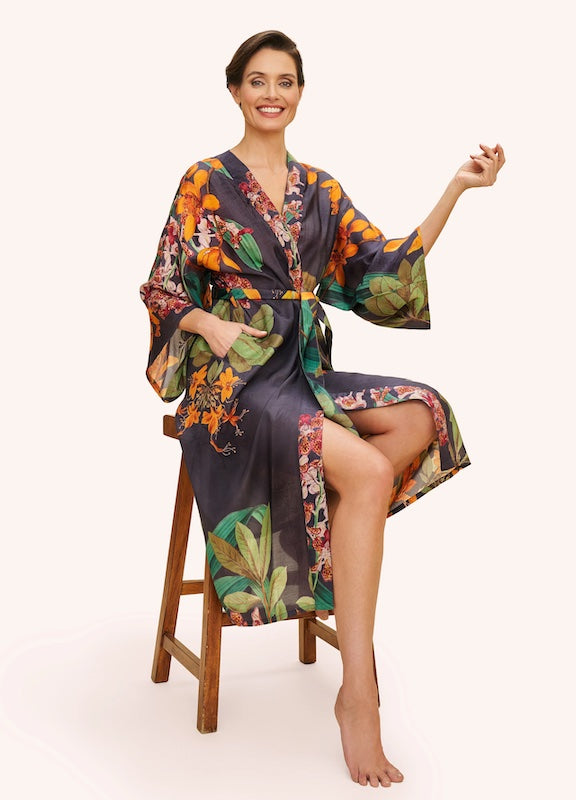 Botany Bliss Kimono Gown in Charcoal