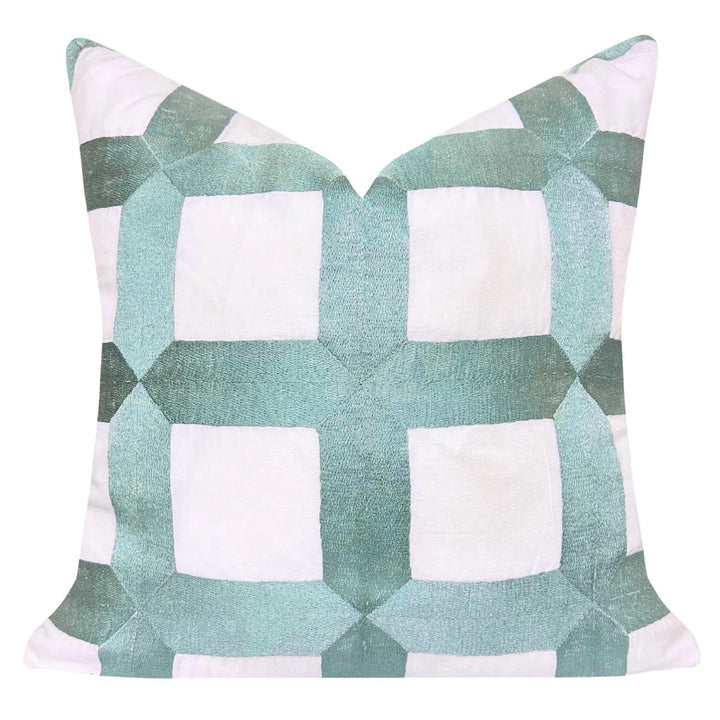 Embroidered Square Lattice Blue Decorative Pillow