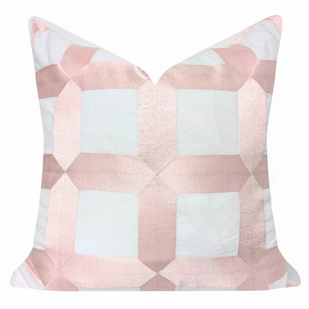 Embroidered Square Lattice Pink Decorative Pillow