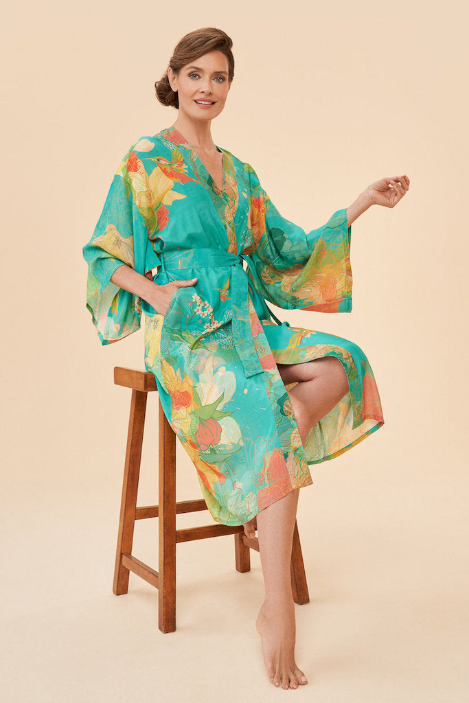 Hummingbird Kimono Gown in Aqua