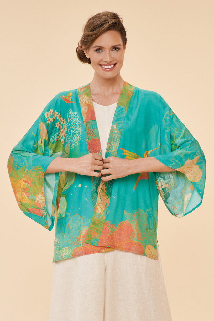 Hummingbird Kimono Jacket in Aqua