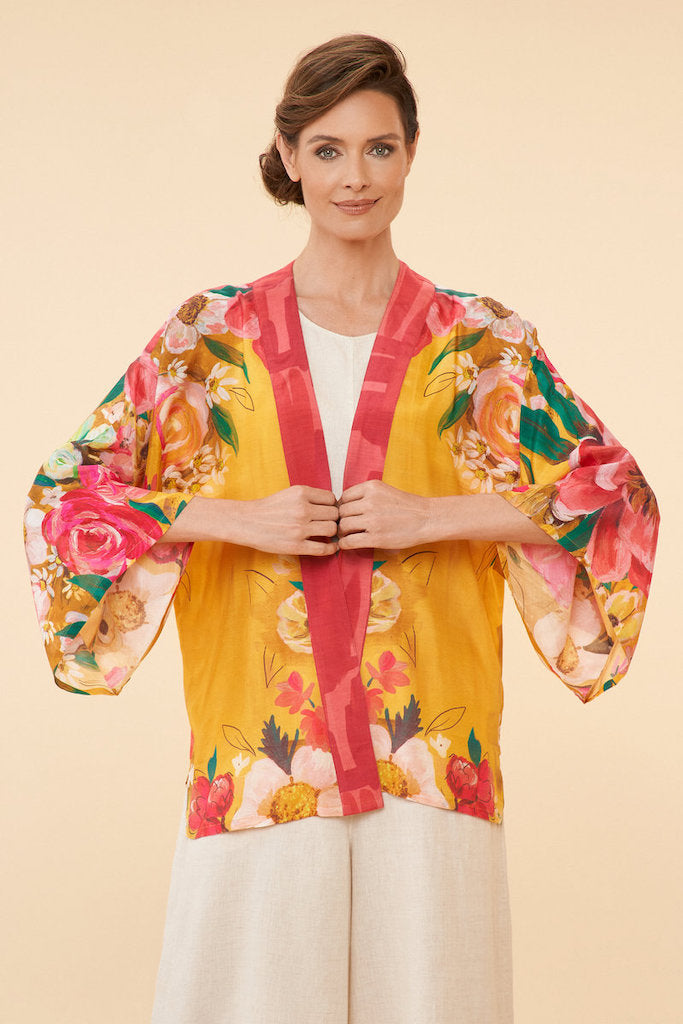 Impressionist Floral Kimono Jacket in Mustard