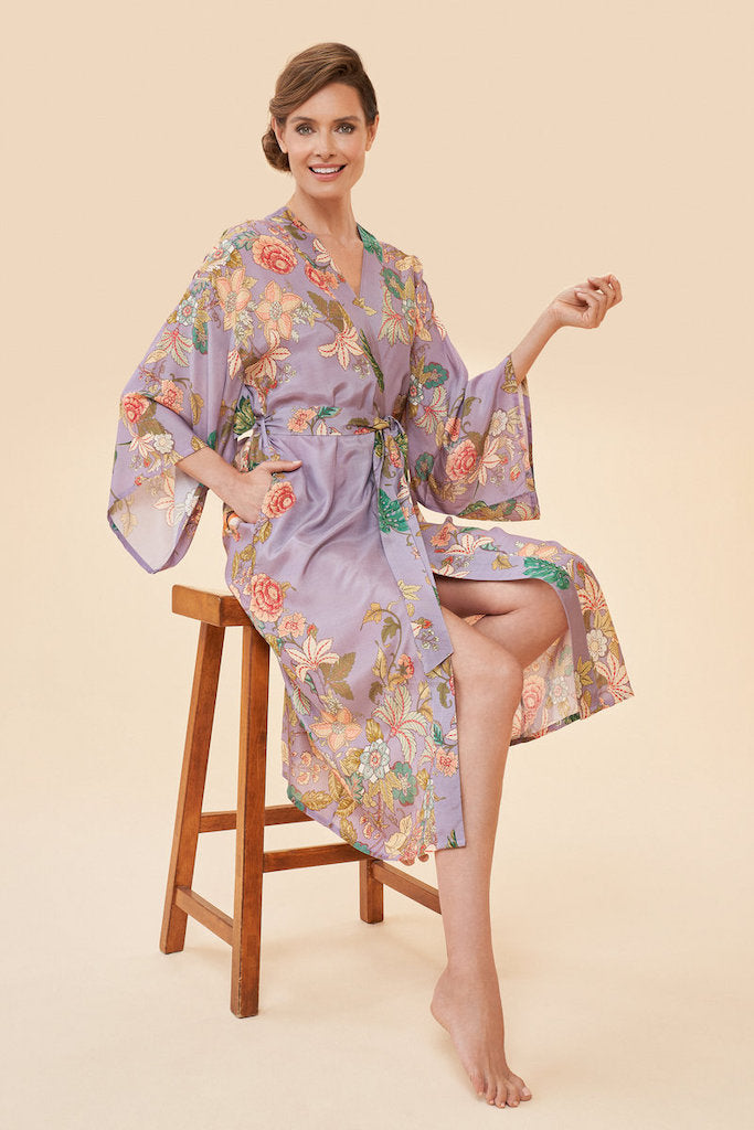 Prancing Tiger Kimono Gown in Lilac