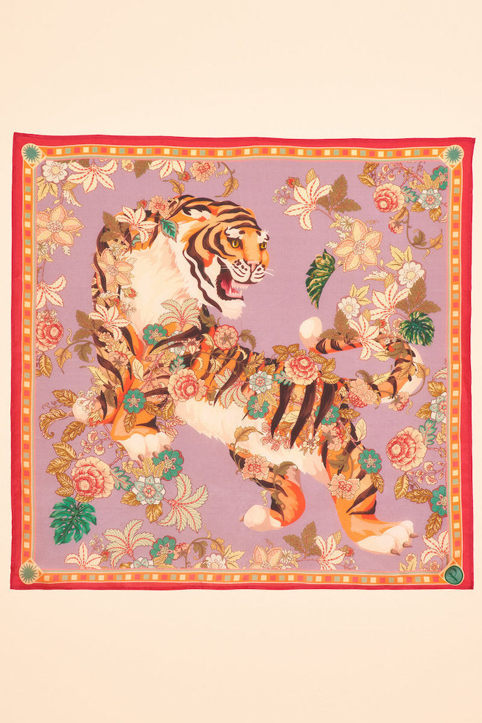 Silk Prancing Tiger Scarf in Lilac