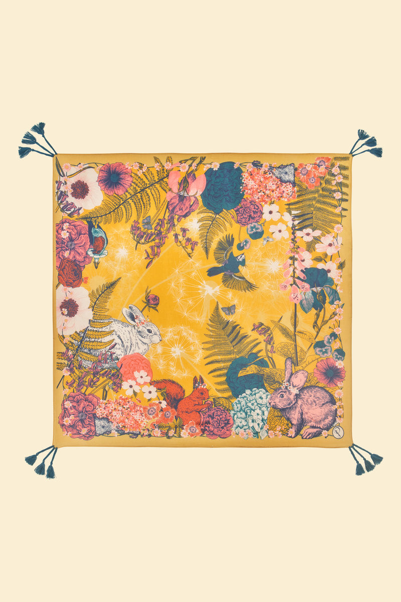 Tasseled Silk Summer Woodland in Mustard Scarf