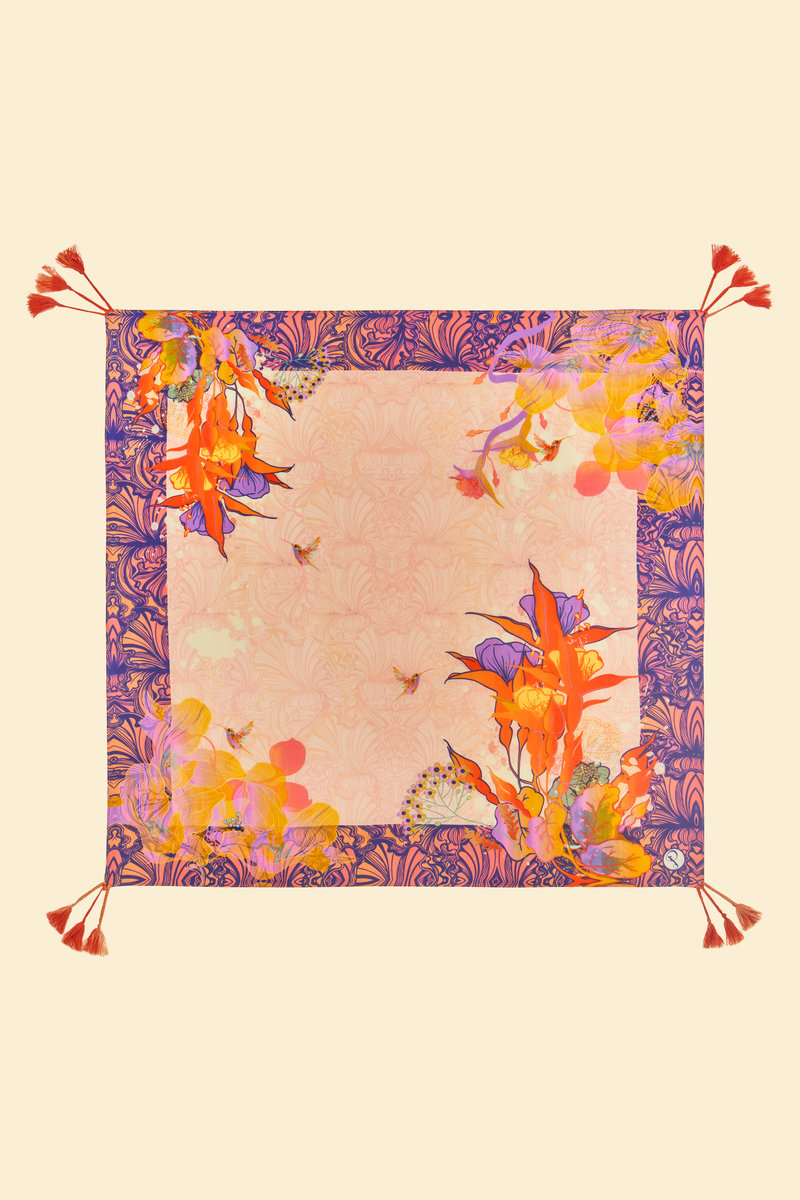 Tasseled Silk Tropical Hummingbird Scarf