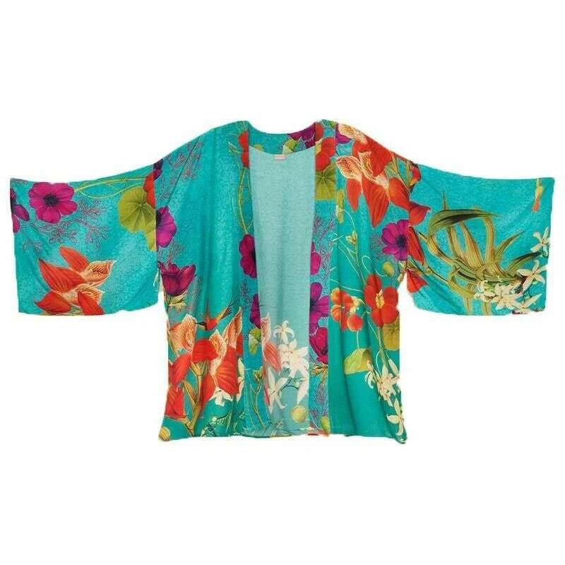 Hummingbird at Dusk Kimono Jacket in Aqua